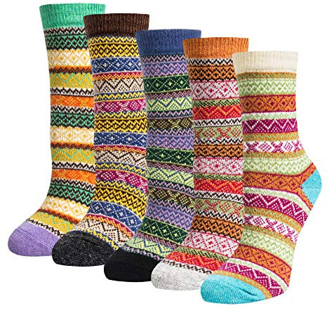 Justay 5 Pairs Merino Wool Socks Womens Thicken Thermal Knitting Crew Ladies Sock for Hiking Backpacking Climbing Winter（green, pink, red） (Green/beige/yellow/purple/blue)
