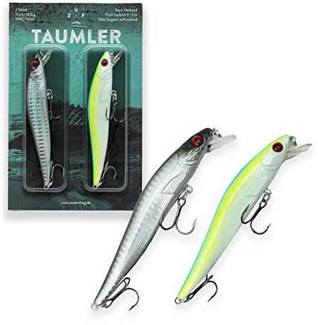 Zander Wobbler zum Zanderangeln, flachlaufend, 2 Stück, TAUMLER von Zanderfang - 11cm - 14,5g - Silber-Schwarz + Neon-Grün