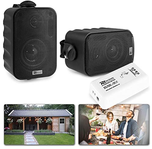 Power Dynamics - Pack de 2 Altavoces BGO30, 60W, 2 Vías, IPX5, Bass Reflex y Soportes | Amplificador BT10 con Bluetooth, 2x15W, Conexión Inalámbrica, Cable Incluidos, Ideal Interior y Exterior