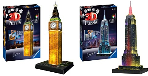 Ravensburger 3D Puzzle Empire State Building bei Nacht, für Kinder und Erwachsene & 3D Puzzle Big Ben bei Nacht mit 216 Teilen, für Kinder und Erwachsene, Wahrzeichen von London im Miniatur-Format