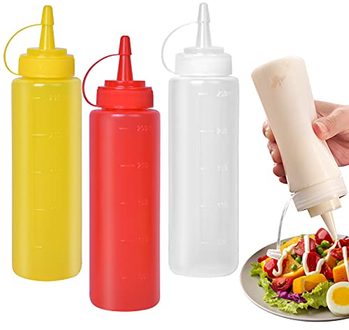 3 x Condiment Bottles, Sauce Bottle, 8 oz Squeeze Bottles, Soft Plastic Bottle, for Painting, Baking, Ketchup, Olive Oil 250 ml