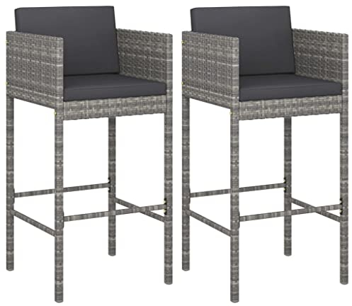 vidaXL 2X Barhocker mit Kissen Küchenhocker Garten Barstuhl Tresenhocker Thekenhocker Tresenstuhl Bistrohocker Gartenmöbel Grau Poly Rattan