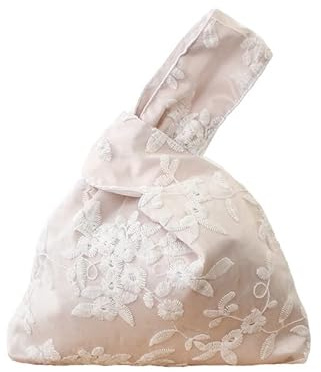 Borsa da polso in stile vintage, realizzata a mano, con doppio pizzo, stile giapponese, stile kimono giapponese, con motivo artistico, borsetta portatile da donna (bianco)