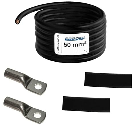 EBROM Batteriekabel „DIY SET MASSEKABEL SCHWARZ 50 mm² 100cm Schuh 2xM8 | Von 30cm bis 10m, 50 mm2 Masse Kabel Ringösen Kabelschuhe M6/M8/M10/M12 kombinierbar + Schrumpfschläuche 99,9% OFC Vollkupfer