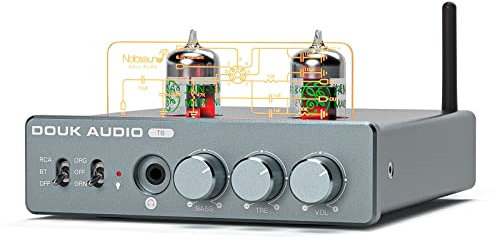 Douk Audio T6 HiFi Tube Amplifier with Bluetooth 5.1 80W×2 Stereo Valve Headphone Amplifier 2 Channel with Treble Bass Adjust