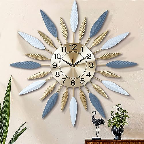 Lafocuse Gold Wanduhr Groß Metall, Lautlos Wanduhr Modern, Kreative Strahlende Federn, Ohne Ticken Art Deko für Wohnzimmer Schlafzimmer Küche 56cm