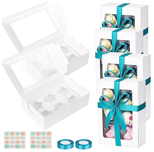 TsunNee 20 Stück Cupcake Boxen 6 Löcher Kuchenboxen mit Einsätze, Papier Cupcake Träger, Papier-Bäckerei-Boxen für Weihnachten Geburtstag Babyparty Hochzeit (Weiß, 23,5 x 16 x 7,5cm)