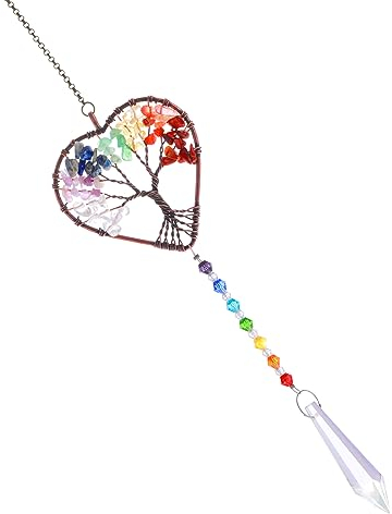 TIESOME Acchiappasole in Cristallo con Albero della Vita, Acchiappasole a Forma di Cuore Arcobaleno Pietre Chakra Ornamento da Appendere alla Finestra Ciondolo da Giardino Colorato Casa