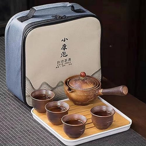 Scizorito Keramik Portable Travel Tee Set, chinesischer Kungfu Tee Set mit 360-Rotation Teekanne und Infuser, 4-Teetassen, Tee Tablett und Reisetasche (Drachenmuster)