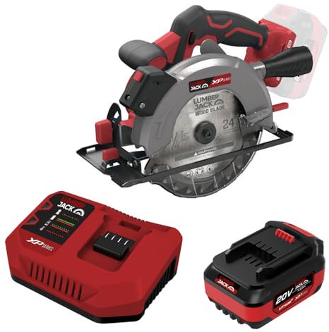 LUMBER JACK 20V Cordless Circular Saw Kit with 165mm Blade, 65mm Cutting Depth, Bevel Function, Electric Brake, Laser Guide, 1× 4Ah Li-ion Battery, Fast Charger & Heavy Duty Carry Bag