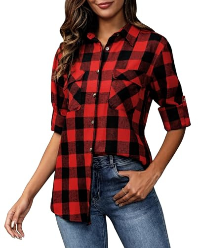 siliteelon Flannel Shirt Women Plaid Shirts Button Down Long Sleeve Oversized Cotton Fitted Boyfriend Casual Blouse Tops