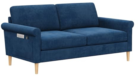 Vesgantti Fabric 2 Seater Sofa, 164cm Loveseat Sofa with Bilateral Pocket Storage, Upholstered Couch Perfect for Living Room, Bedroom, Office, Small Space, Tool-free Assembly, 164L*76D*85Hcm, Blue