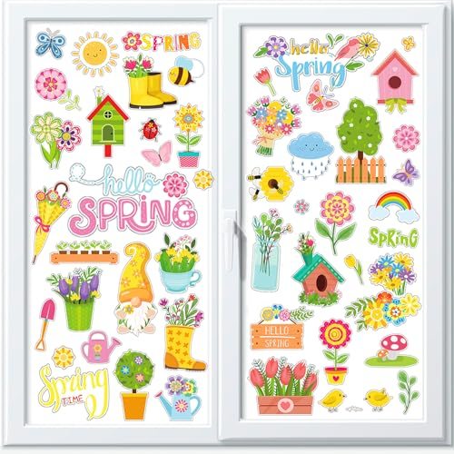 HOWAF 8 Sheets Spring Window Stickers, Multicolour Floral Butterfly Tree Patterns, PVC Material, Reusable Window Decals for Spring Decorations