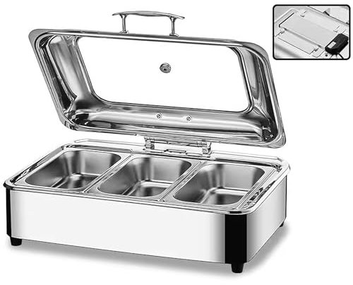 Chafing Dish Elektrisch, 9L Edelstahl Speisenwärmer Warmhaltebehälter mit Sichtbarem Glasdeckel, Elektrischer Buffetwärmer für Partys und Bankette, Einstellbarer Temperatur(Size:GN1/3)