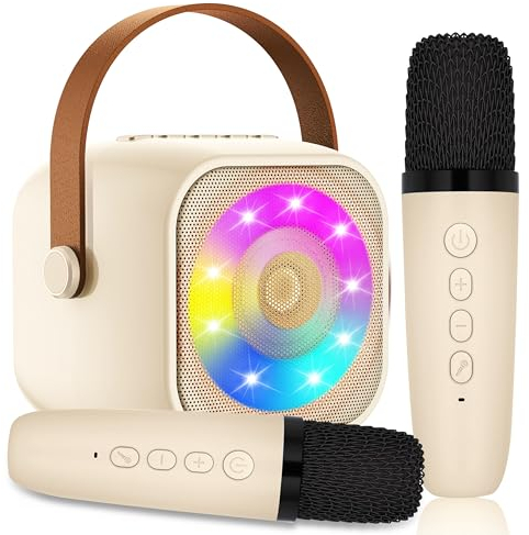 Karaoke Enfant avec 2 Microphone, Micros Karaoké sans Fil, Jouet de Portable Karaoké Bluetooth avec LED Lumière pour Enfant Adulte Fille Cadeau Chanter