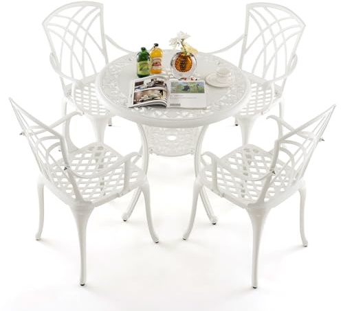 GIANTEX Conjunto de Mesa de Jardín 5 Piezas, Silla de Hierro Fundido de Aluminio, Mesa Bistro para 4 Personas, Agujero de Sombrilla Dia. 5 cm, para Terraza, Balcón