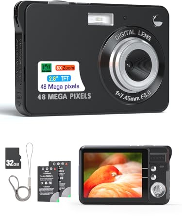 Andoer Fotocamera digitale, 48 MP, TFT da 2,8 pollici, messa a fuoco automatica, zoom digitale 16x, funzione anti-shake, riconoscimento facciale, registrazione sorriso, con 2 batterie, scheda TF da 32