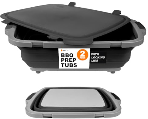 Drip EZ Collapsible BBQ Prep Tubs 2-Piece Set- For Meal Prep Marinating Food Storage - Includes Cutting Board & Lid - (1) OG + (1) XL - Black