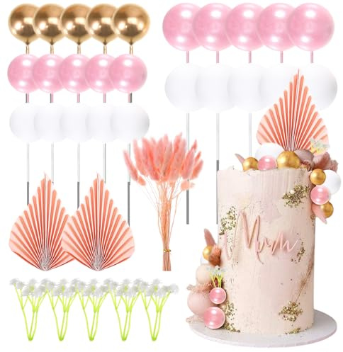 SIWOKJJO 42PCS Boho Cake Decorations, Pink Leaves Cake Toppers for Wedding Birthday Bachelorette Party