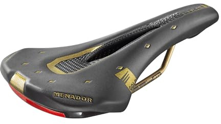 Montegrappa Menador Air Flow cykelsadel i eko-läder för racing Ebike Mtb Gravel Enduro minnesskumvaddering med säkerhetsanordning för nattsikt (svart)
