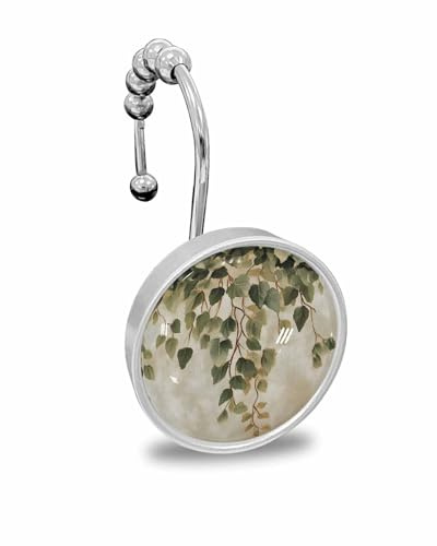 Shower Curtain Hooks Set of 12 Spring Leaf Plant Vintage Linen Oil Painting Crystal Glass Shower Curtain Rings for Bathroom Decorative Stainless Steel Rust Proof Roller Shower Curtain Hangers