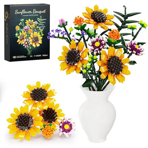 ZIQILIGHTING Kit de construction de bouquet de tournesol, blocs de collection de fleurs botaniques, pour adultes, femmes et adolescentes, à partir de 8 ans, décoration florale artificielle pour la