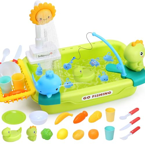 CUTE STONE Kids Sink with Running Water, Play Sink with Upgraded Electric Faucet, Play Kitchen Accessories, Floating Pool Toys & Pretend Play Dishwasher Toy, Summer Water Toys for Boys Girls