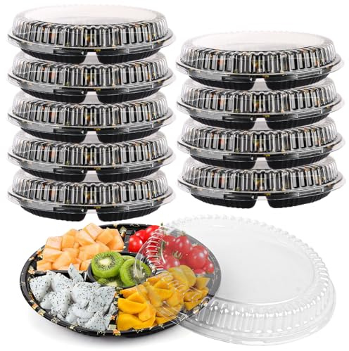 LOPYXBR 10 Pack Round Compartment Trays with Lids, 32 x 6cm Buffet Trays with Lids Round Snack Plate with Compartments for Party Food Appetizers, Salads, Nibbles, Snacks(12.5x2.3Inch)