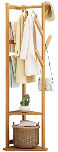 Freistehende Garderobe mit Bodenspiegel, Garderobenständer, Garderobenständer mit 4 Haken zum Aufhängen von Kleidung und Ablage, Eckbücherregal, 2 Ablagen aus Bambusholz und modernem Design