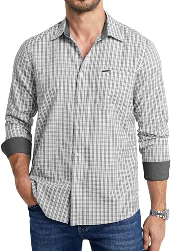 Enlision Camicie Uomo Manica Lunga a Quadri Grigio Casual Elegante Camicia Scozzese da Uomo Bottoncini Regular Fit per Lavoro Boscaiolo XL