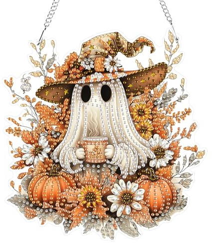 GHHKUD Halloween Geist Diamond Painting Fensterbilder Beidseitige, Herbst Diamond Painting Anhänger mit Kette, Diamant Malerei Bilder Kristall Anhänger Kits für Eingang Fenster Wand Decor