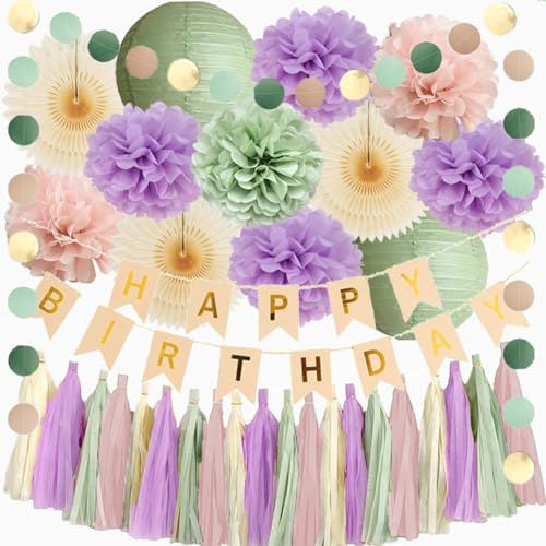 Geburtstagsdeko Lila Rosa Grün Geburtstag Party Deko Lila Grün Hellrosa Geburtstagsdeko Pastell Lila Mädchen Salbeigrün Rosa mit Happy Birthday Girlande Beige Gold Guasten Girlande Salbei