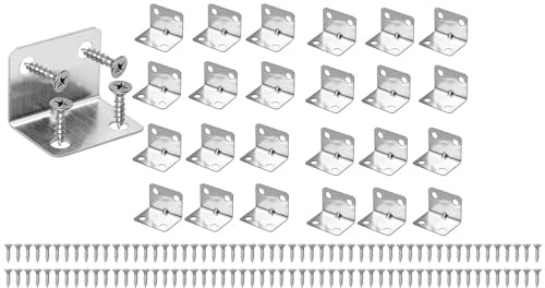 L Bracket - 25PCS Angle Brackets, Stainless Steel Corner Brackets, 90 Degree Corner Brace with 100 Screws, Metal Bracket for Wood Furniture Fixing and Repairing (Silver, 23*23*30mm)