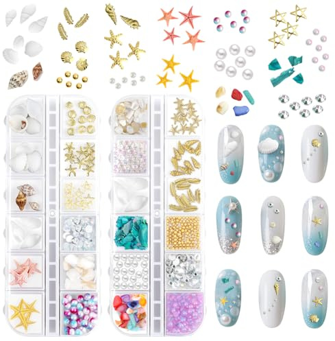 Vicloon Adornos de Uñas de Concha de Verano,2 Cajas de Adornos para Uñas con Temática Oceánica,Pegatizas de Arte de Uñas de la Estrella Estrella Marítima para Decoración de Uñas DIY