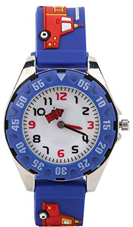 SPYMINNPOO Orologio da Polso per Ragazzi e Ragazze, Cinturino in PVC, Orologio Al Quarzo Impermeabile per Bambini Sotto i 10 Anni, da Indossare Ogni Giorno, Blu (Camion dei pompieri in lega blu)