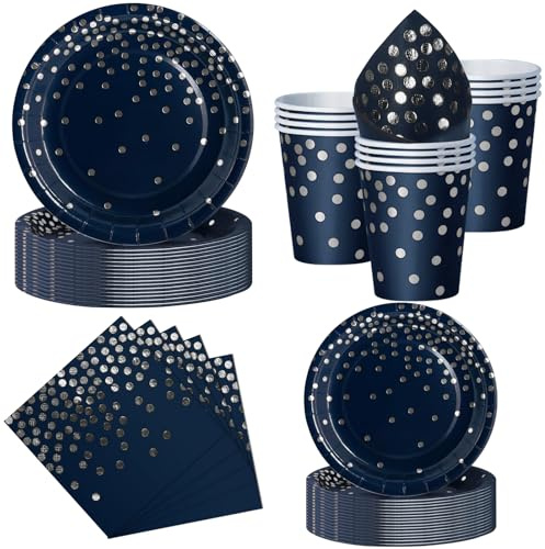 Nkaiso Paper Plates and Cups and Napkins Set, 50 Piece Navy Blue and Silver Party Tableware, Disposable Plate Napkins Cups Dinnerware Party Supplies for Birthday BBQ Picnic Decorations
