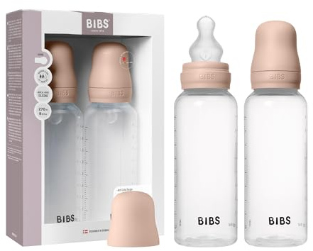 BIBS Nappflaska 270 ml Silikonsugdel 2-pack - Kolikmotverkande, BPA-fri, rund sugdel, lätt och enkel att rengöra, lämplig för nyfödda 0+ år - Blush