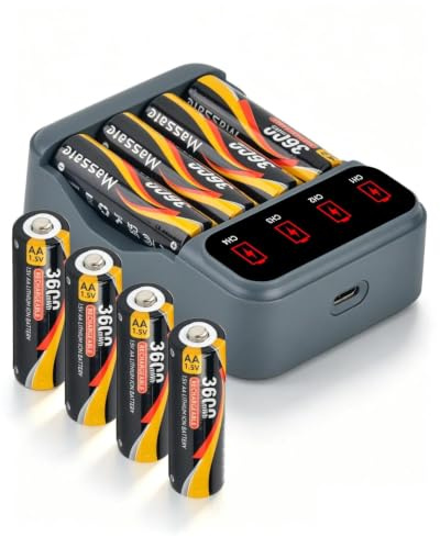 Massate Lot de 8 Piles AA Rechargeables 3600mWh 1.5V Haute Capacité avec Chargeur Intelligent 4 Slots, Kit Batterie USB pour Manettes de Jeu, Télécommandes et Appareils Domestiques