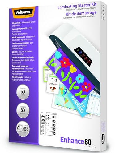 Fellowes Laminierfolien Starterset, 80 Mikron (2 x 80 mic), verschiedene Formate, Inhalt: 50 Stück, transparent