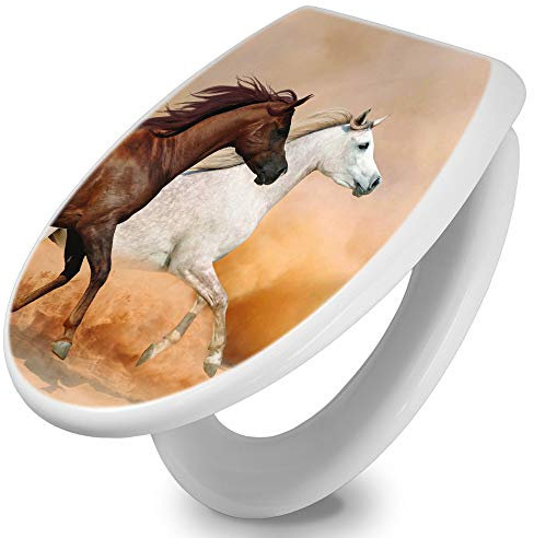 banjado Toilettendeckel mit Absenkautomatik 44,5x37cm / WC Brille Soft Close/hygienischer Toilettendeckel/Klodeckel Duroplast Edelstahl Scharniere einfache Montage/Motiv Wilde Pferde