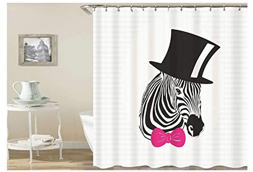 KnSam Duschvorhang Anti-Schimmel Wasserdicht Vorhänge an Badewanne Bad Vorhang für Badezimmer Zebra mit Schwarz Hut 100% PEVA inkl. 12 Duschvorhangringen 180 x 200 cm