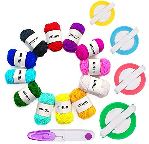 RRigo Pom Pom Maker, 4 Größen Fluff Ball Weaver Nadel PomPom Maker Sets-DIY Pompoms Handwerk Making Kits, Pom-Pom Maker Knitting Loom+ 1pcs Schere + 12Pcs Acrylgarn (17)