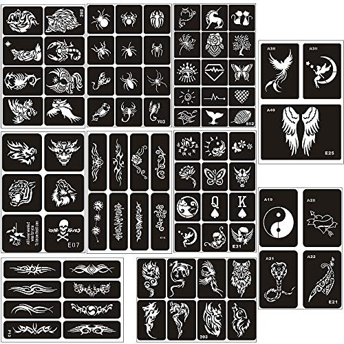 Jurxy 10 Blatt Tattoo Schablonen Glitter Temporäre Tätowierung Schwarz Selbstklebende Tattoos Schablone Arm Zurück Körperbemalung Wiederverwendbare Aufkleber für Männer Frau Kinder Mädchen - N1