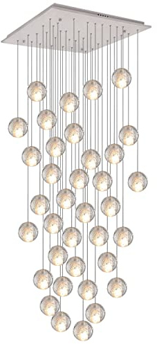 KJLARS Pendelleuchte LED Moderne Glas Kristall Hängeleuchte Höheverstellbar Lüster Dekoratives Kronleuchter für Villa Treppe Wohzimmer Esszimmer Schlafzimmer Pendellampe (36 Bälle Square)