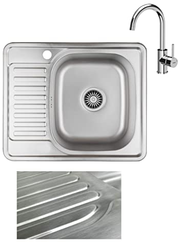 VBChome Inbyggd diskbänk med armatur 58 x 48 satinstruktur från 45 underskåp rostfritt stål diskbänk diskbänk förvaringsyta avrinningsyta vänster kantig camping avloppsset sifonkran krom)