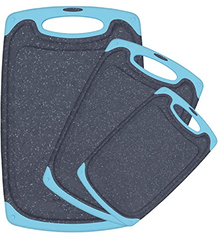 Plastic Cutting Board, 3 Pieces Dishwasher Safe Cutting Boards with Juice Grooves, Easy Grip Handle, Non-Slip, with Grinding Area for Grinding Garlic and Ginger（aqua）