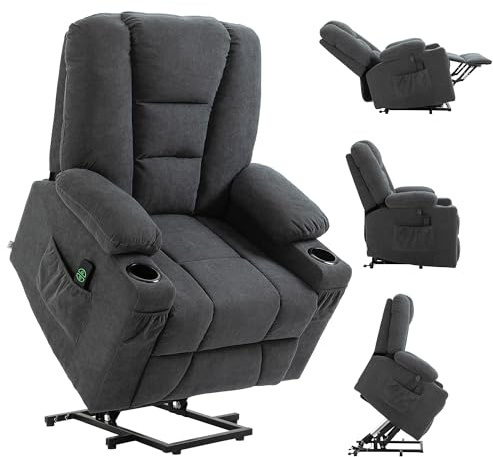HOMCOM Oversized Riser and Recliner Chairs for the Elderly, Fabric Upholstered Lift Chair for Living Room with Remote Control, Side Pockets, Cup Holder, Charcoal Grey