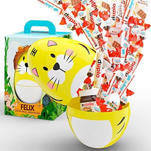 Personalisiertes Riesen Ei mit Schokolade für Kinder – XXL Dschungel Geschenkbox Großpackung mit Namen – Coole Überraschungs Geschenkidee für Jungs, Mädchen zu Ostern, Geburtstag, Einschulung