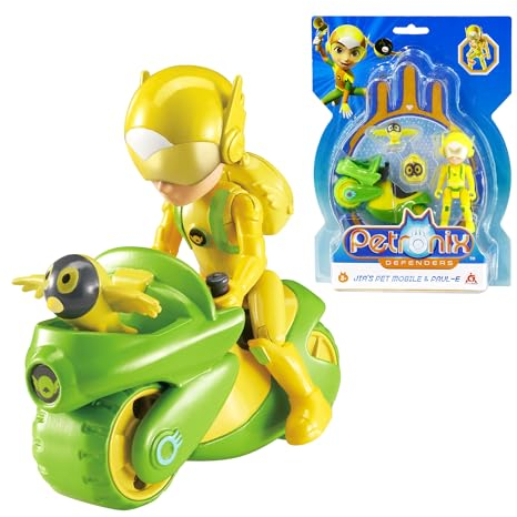 Petronix Defenders EU820040 - Jia Actionfigur & Pet Paul-E, ca. 8 cm große Spielfigur für Kinder mit tierischem Begleiter, inkl. Haustiermobil und Rucksack, Gelb