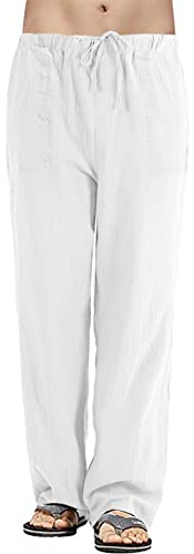 heekpek Pantalon de Lino y Algodon Pantalones de Lino Hombre Verano Respirable Pantalones Rectos Ligeros de Verano para Hombre con Bolsillos, Blanco, L